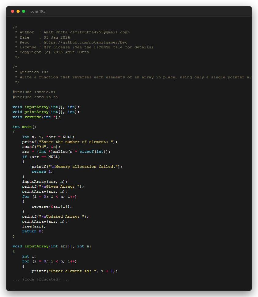 Question 10: Write a function that reverses each elements of an array in place, using only a single pointer argument, and return void.
